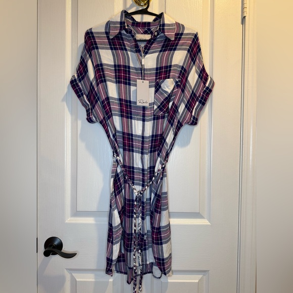 NWT Rails Purple White Plaid Flannel Shirt Dress Tie Waist Size S - Picture 5 of 10